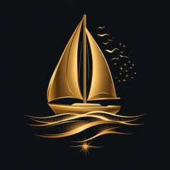 Elegant golden sailboat gliding on dark waves under a starry sky at night