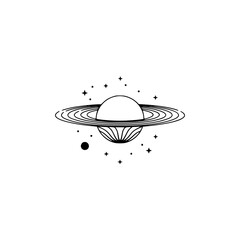 Minimalist Saturn Planet Illustration with Stars, Vector Outline