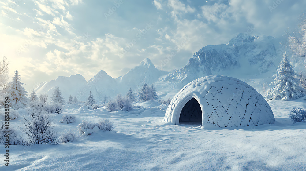 Poster An igloo in a snowy field with a snowy mountain covered with snow, a scene of an arctic landscape, frozen home building standing on snow scene, 3d render