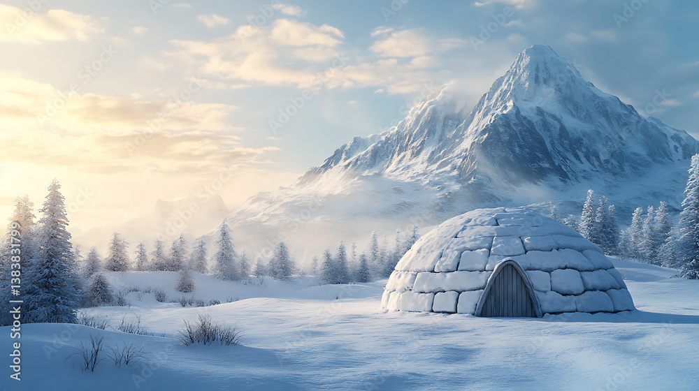 Poster an igloo in a snowy field with a snowy mountain covered with snow, a scene of an arctic landscape, f