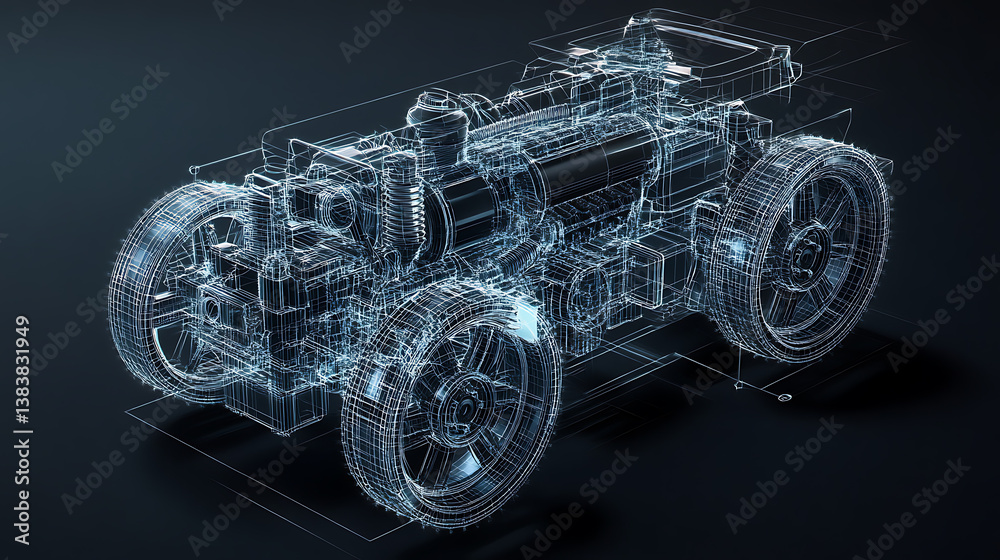 Fototapete an illustration of a piston engine car on a black background with gear mechanismsa wireframe design 