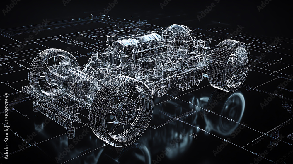 Aufkleber An illustration of a piston engine car on a black background with gear mechanismsa wireframe design based on a modern illustrationisolated on a black background with gear mechanisms