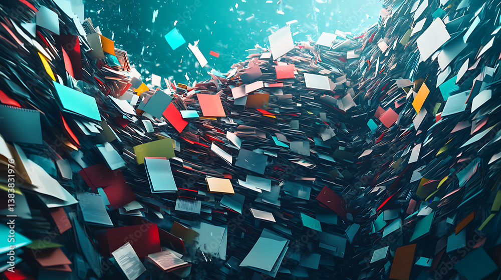 Poster An illustration of digital data waste concept, depicting a large pile of oversized, useless files and folders symbolizing excessive information storage in the digital space