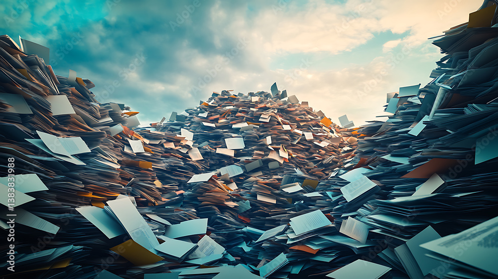 Poster an illustration of digital data waste concept, depicting a large pile of oversized, useless files an