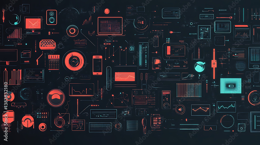 Poster An image of a dark background with various technology concepts