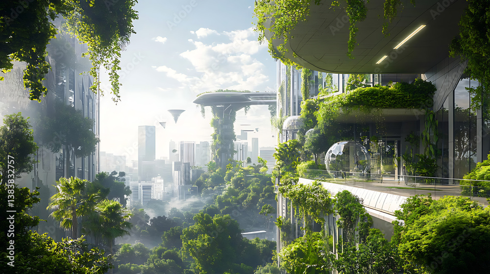 Fototapete an urban jungle concept showcasing a futuristic cityscape where lush greenery intertwines with moder