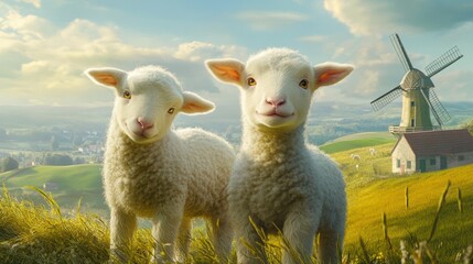 Fototapeta premium Two lambs in a field, windmill background, idyllic farm scene, springtime