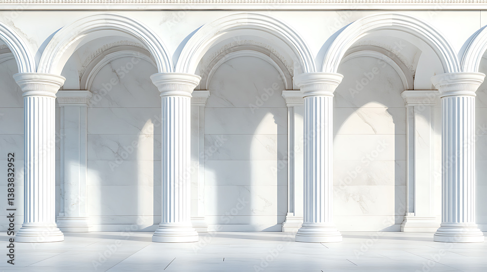 Poster Arches with columns in the wall, internal gate with white columns in a palace or castle on a light wall background 3d illustration