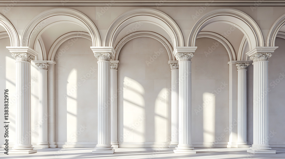 Aufkleber Arches with columns in the wall, internal gate with white columns in a palace or castle on a light wall background 3d illustration