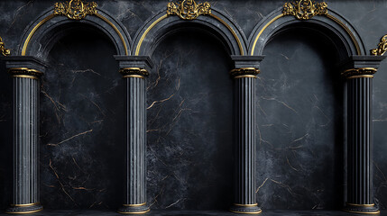 Naklejka premium Arches in a wall of black marble and columns with golden decor on a dark background 3d illustration