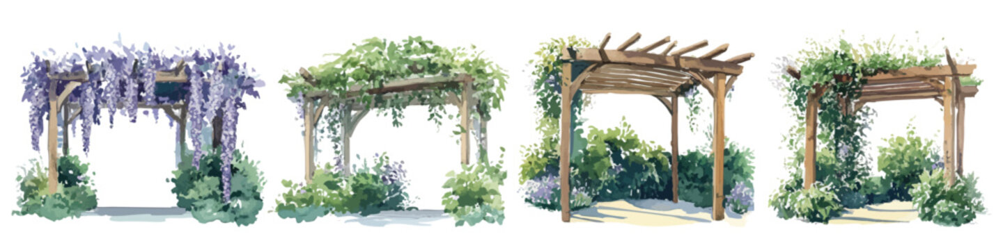 Set of watercolor lush pergolas shade gate with green climbing creeping plants garden isolated on transparent background