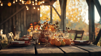 Autumn harvest-themed table setup in a rustic barn, ideal for fall events and weddings