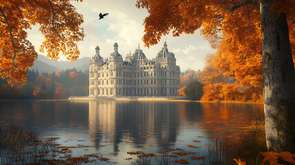 Obraz premium Autumn landscape of a palace surrounded by water, trees with orange foliage