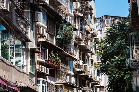Barred balconies in Macau's urban architecture