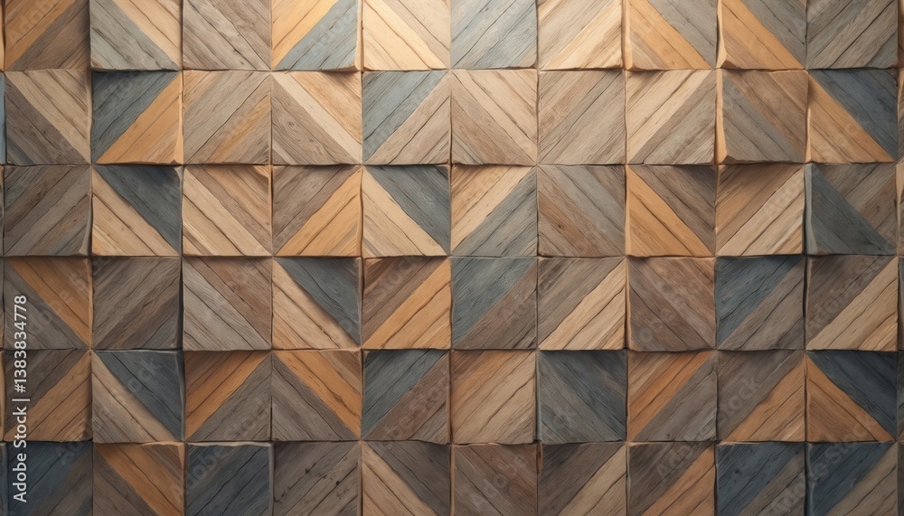 Poster Geometric wooden triangle pattern background. Square tiles with triangles in different wood shades, seamless texture. Modern abstract design for interior, surface, wall, decor or wallpaper.