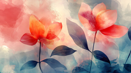 Background with abstract flower modern arts, watercolor and transparency effect modern design for wall art, floral and leaves wall decoration