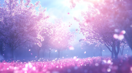 Background with blossoming trees and sun flare, sunny day, spring flowers, beautiful orchard, abstract blurred background, springtime