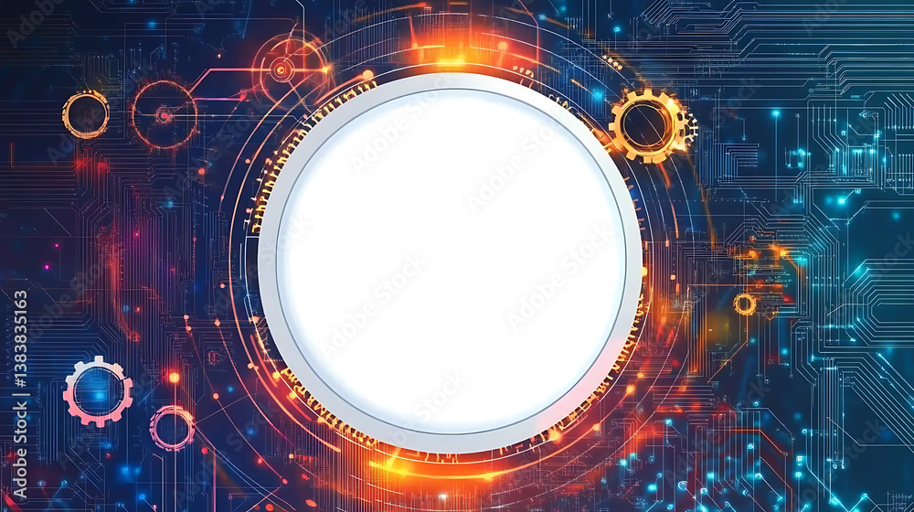 Fototapete Banner with white circle in center and colorful gears around it, circuit board patterns on background