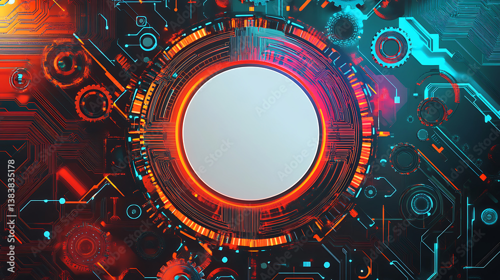 Poster Banner with white circle in center and colorful gears around it, circuit board patterns on background