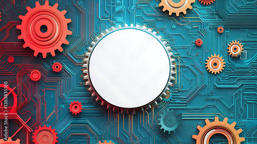 Poster Banner with white circle in center and colorful gears around it, circuit board patterns on background