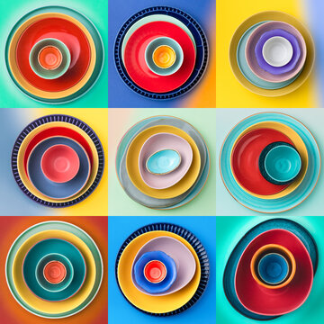 Colorful Overhead View of Stacked Plates in Nine Designs