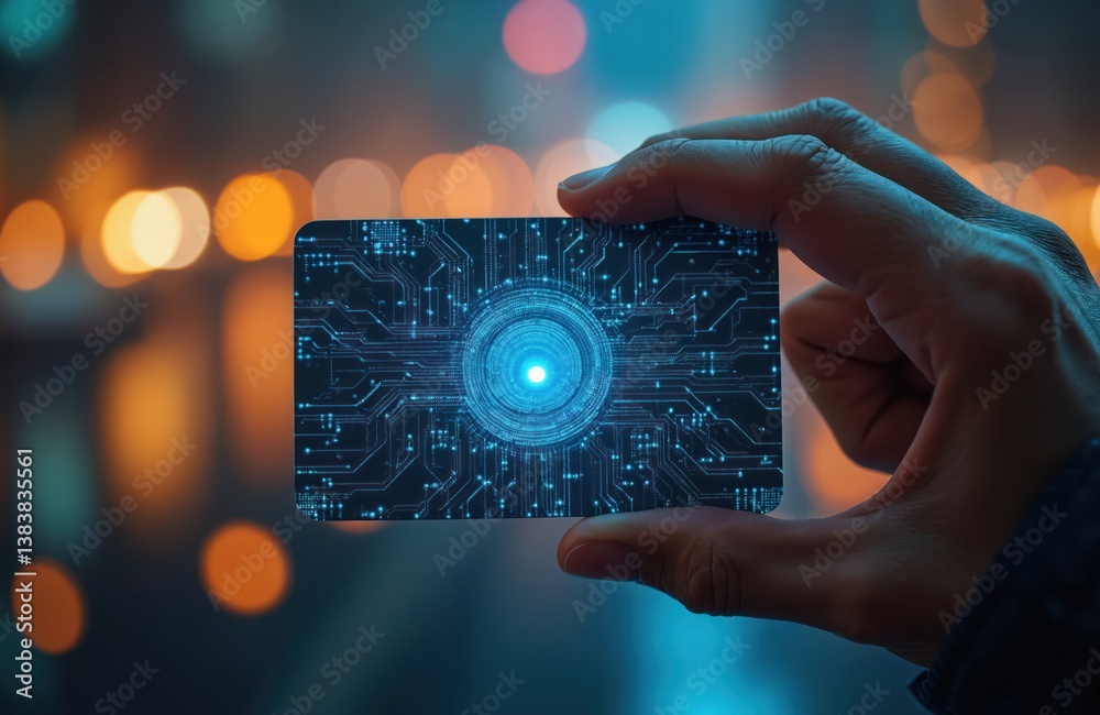 Poster Hand holding futuristic digital identity card. Cyber security access virtual system management concept. Modern tech interface, data protection in network, innovative technology, secure online