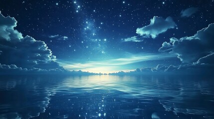 Obraz premium Starry night sky reflected in calm ocean water, clouds.