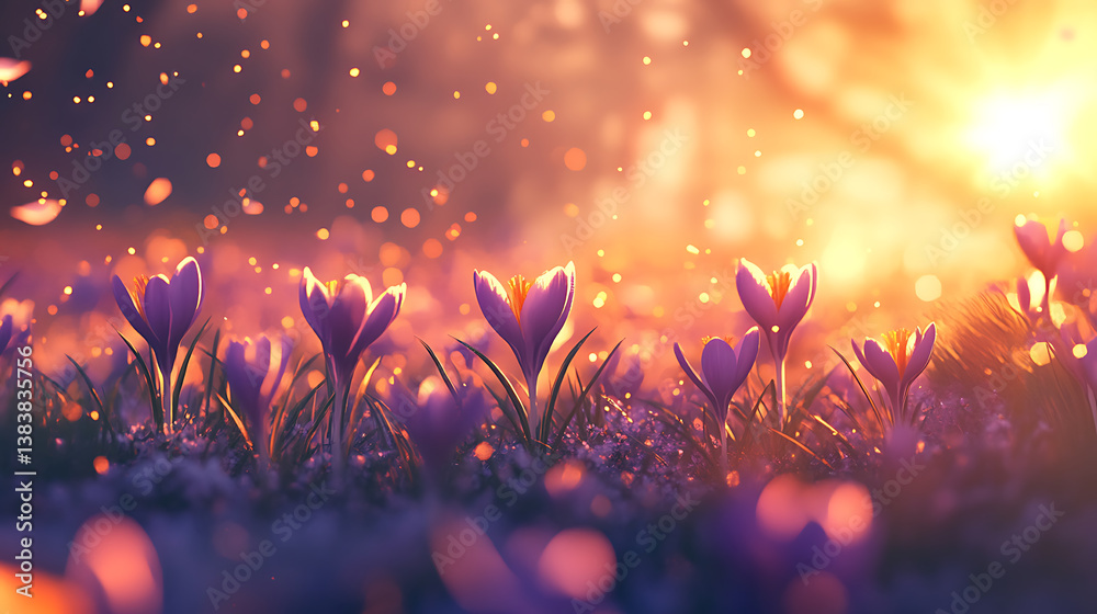 Poster beautiful spring background with crocus flowers and sunspikes