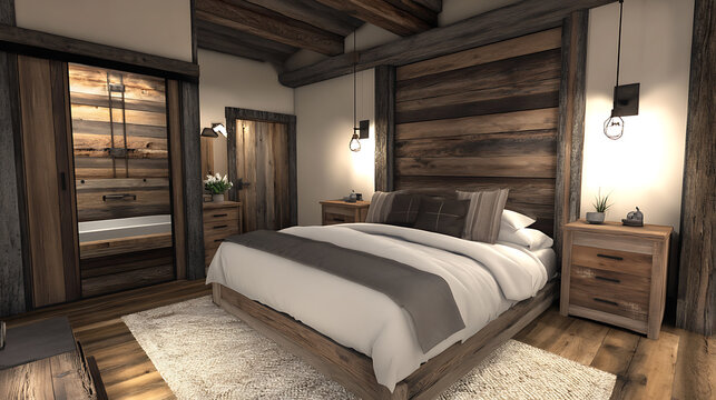 Bed with barn wood headboard and rustic bedside cabinet, farmhouse interior design of modern bedroom