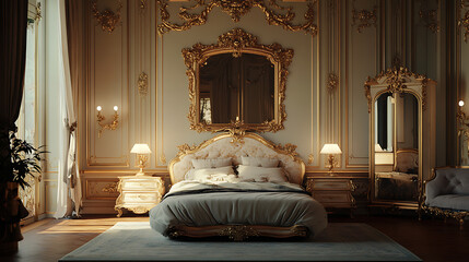Bedroom in a royal house with a bed, a mirror in a golden frame 3d illustration