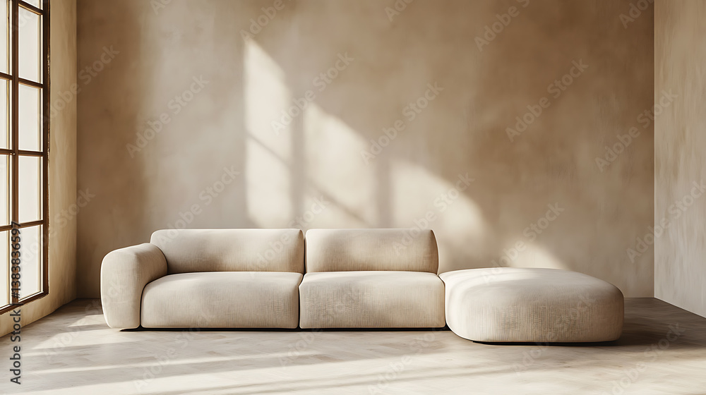 Poster beige sofa against of empty wall with copy space, minimalist int