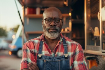 Obraz premium Portrait of a middle aged african american male food truck owner standing in front of his truck