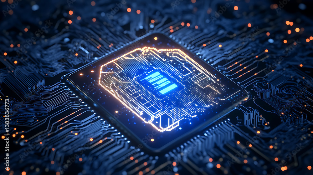 Poster Big data and artificial intelligence concept with information data flowing trough ai processor unit on circuit board