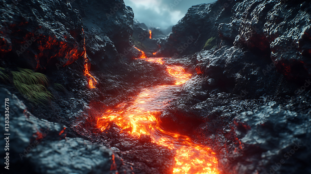 Poster between the rocks and along them flows the red-hot lava