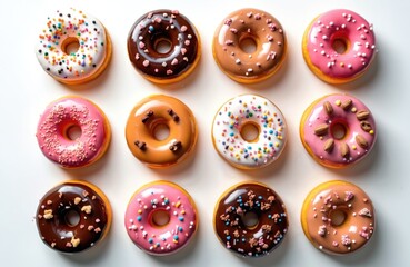 Obraz premium Set of 12 assorted donuts with colorful glazes, chocolate, sprinkles, toppings. Top view with variety of frosting flavors on white background. Perfect for bakery, cafe, food blog, sweet desserts,