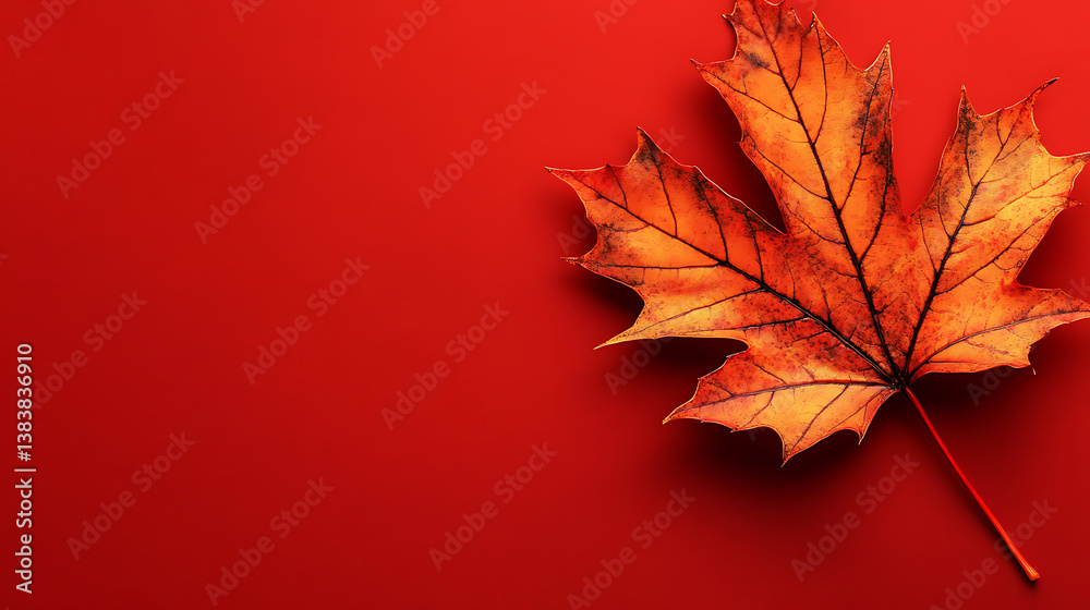 Poster Big maple leaf with copy space on red background