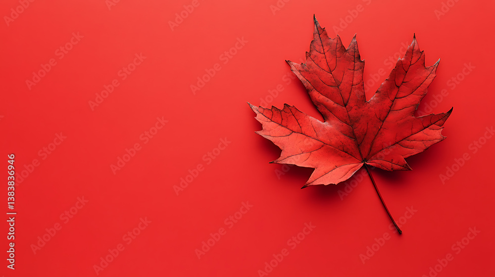 Poster big maple leaf with copy space on red background