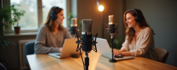 Two women record podcast audio in cozy home studio. Smiling women with headphones, microphones, laptops. Modern podcast equipment, live streaming concept. Home studio podcasting with natural window