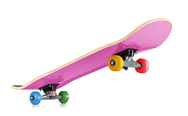 A vibrant skateboard with a glossy pink deck and multicolored wheels—blue, green, yellow, and red, isolated on a transparent background png © afxhome