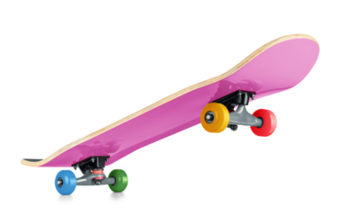 A vibrant skateboard with a glossy pink deck and multicolored wheels—blue, green, yellow, and red, isolated on a transparent background png
