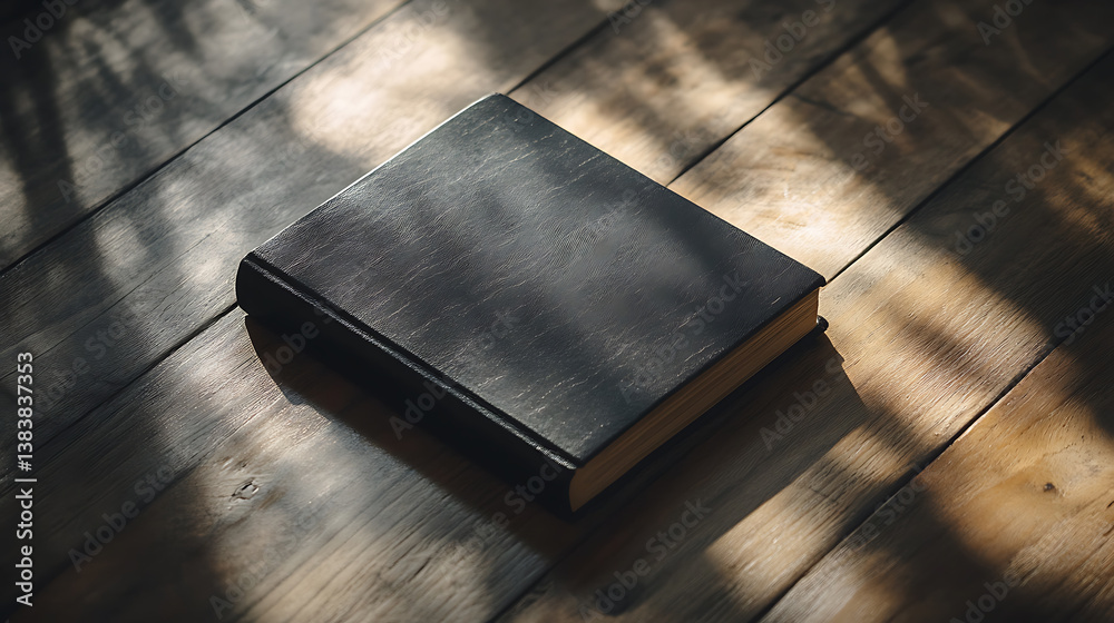 Aufkleber Black book on a table with focused light casting soft shadows, intimate setting