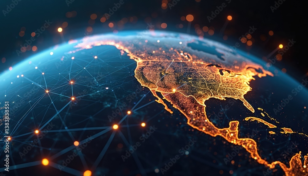 Aufkleber digital view earth at night with illuminated cities, global communication networks. represents digit