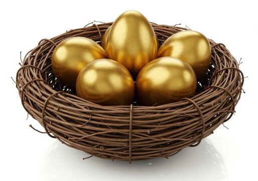 A group of shiny golden eggs nestled in a natural brown twig nest isolated on white background