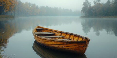 Obraz premium Tranquil Misty Lake with a Solitary Wooden Boat at Dawn
