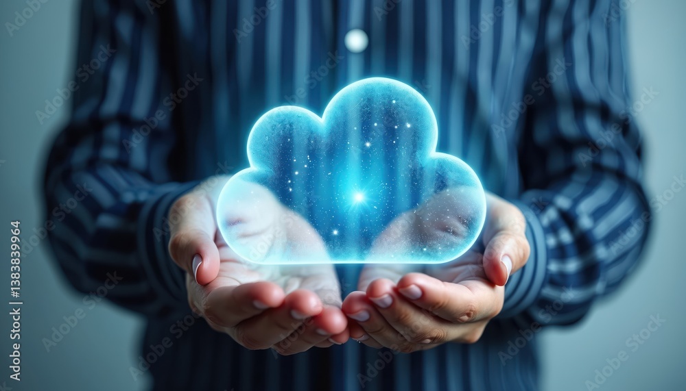 Poster Person holding cloud computing symbol with glowing stars. Digital cloud services concept symbolizes accessibility, flexibility, data storage, networking, server virtualization, SaaS. Tech innovation.