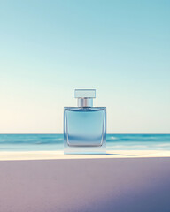 A serene perfume bottle stands against a tranquil ocean backdrop, evoking feelings of freshness and refinement.