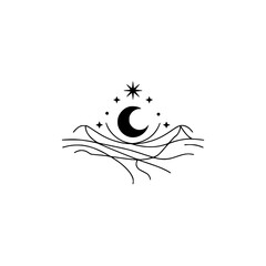 Celestial Minimalist Logo: Crescent Moon, Stars, and Mountains