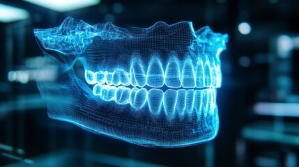 3D digital model of human jaw with teeth, glowing blue, in dark background.