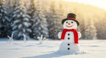 Fototapeta premium Cheerful Snowman in Winter Wonderland - A happy snowman stands in a snowy landscape, wearing a top hat and red scarf. Winter trees and falling snow create a magical scene
