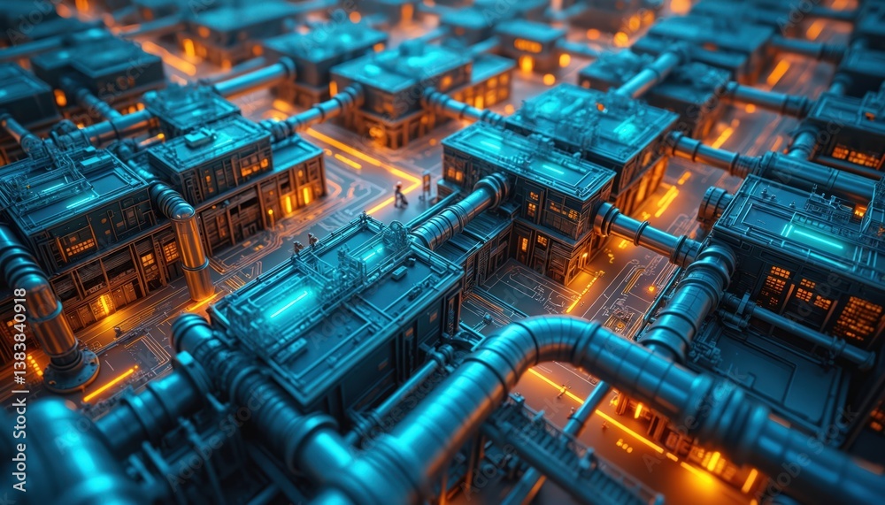 Poster Futuristic industrial landscape with smart factory setup. IoT devices automated systems, digitization of manufacturing. Tech advancements, innovation integral to factory. Automation of business,